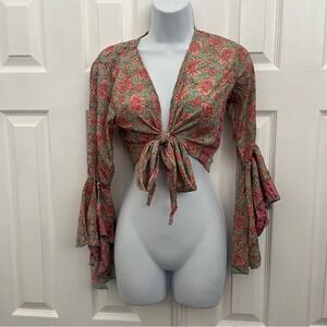 NWT Silk blend whimsygoth Gypsy Pink Ruffled Tie-Front‎ Bell Sleeve Blouse S